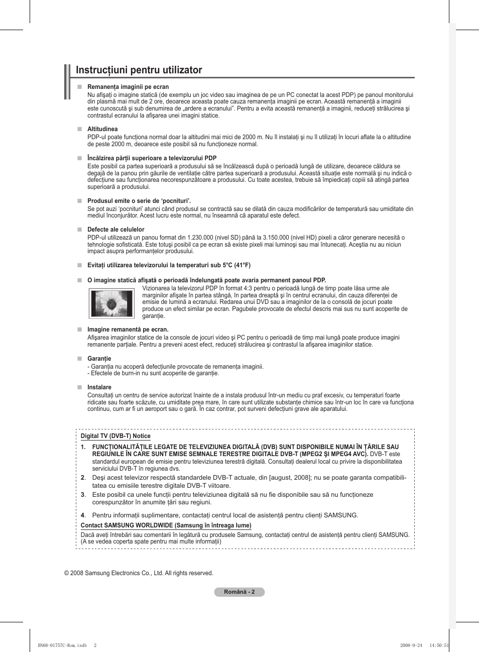 Instrucţiuni pentru utilizator | Samsung PS50A756T1M User Manual | Page 442 / 503