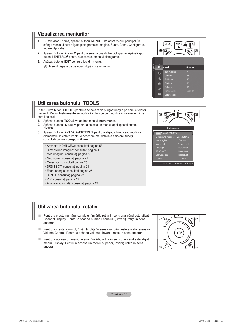 Vizualizarea meniurilor, Utilizarea butonului tools, Utilizarea butonului rotativ | Samsung PS50A756T1M User Manual | Page 450 / 503