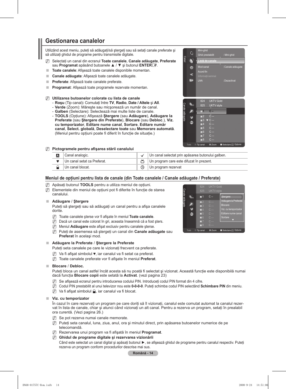 Gestionarea canalelor | Samsung PS50A756T1M User Manual | Page 454 / 503