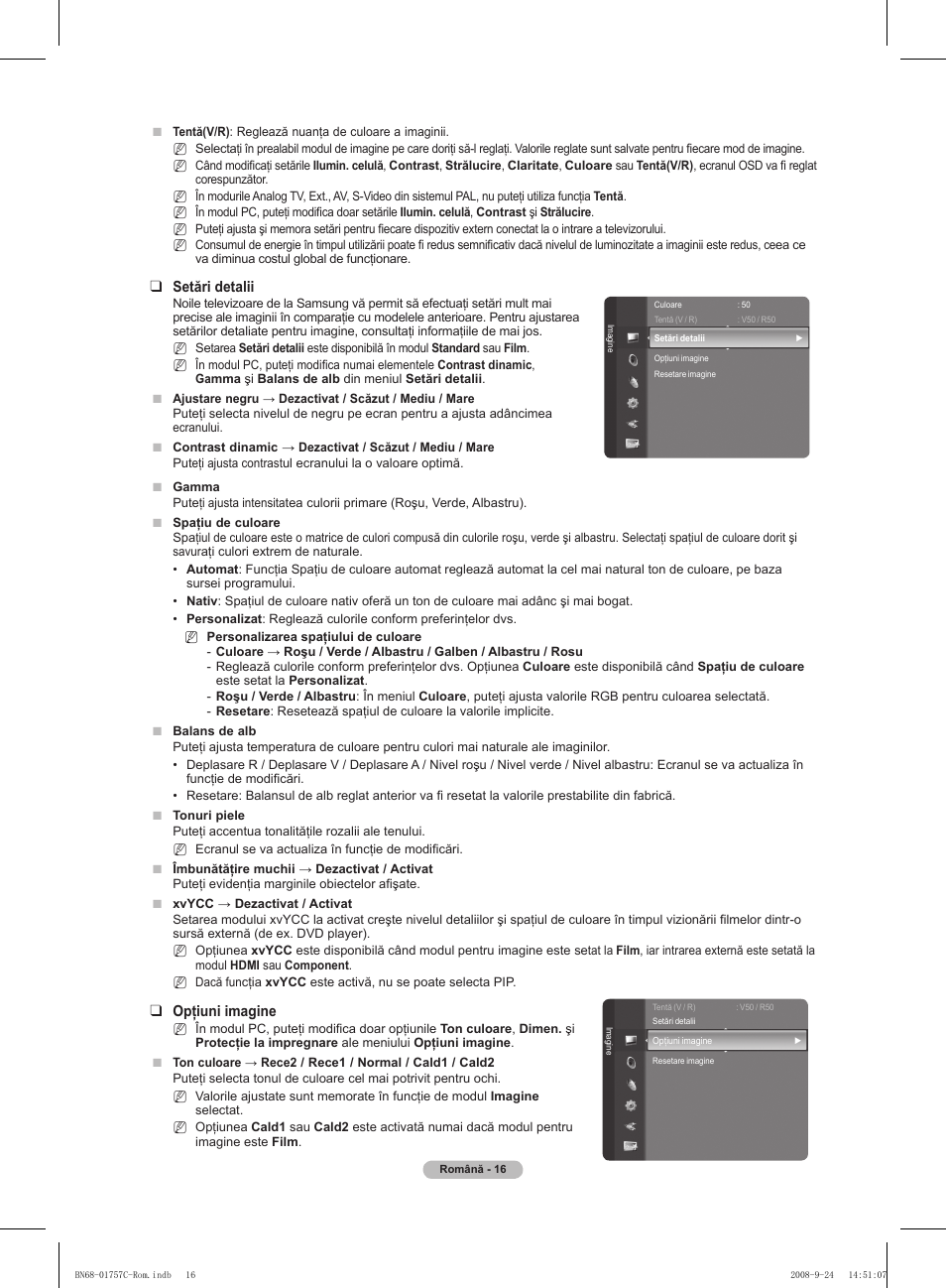 Setări detalii, Opţiuni imagine | Samsung PS50A756T1M User Manual | Page 456 / 503
