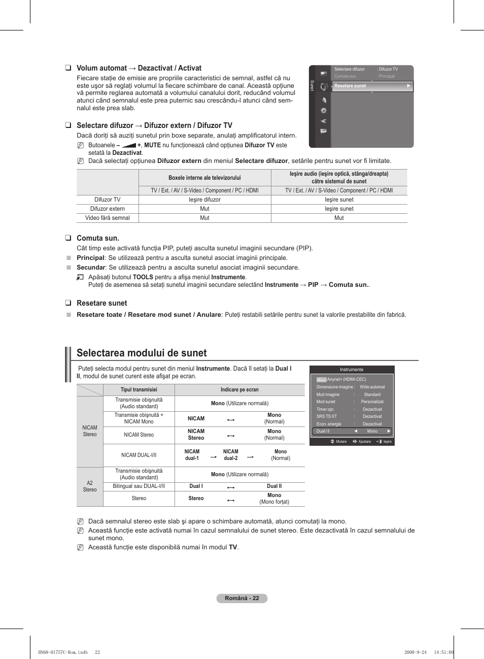 Selectarea modului de sunet, Volum automat → dezactivat / activat, Selectare difuzor → difuzor extern / difuzor tv | Comuta sun, Resetare sunet | Samsung PS50A756T1M User Manual | Page 462 / 503