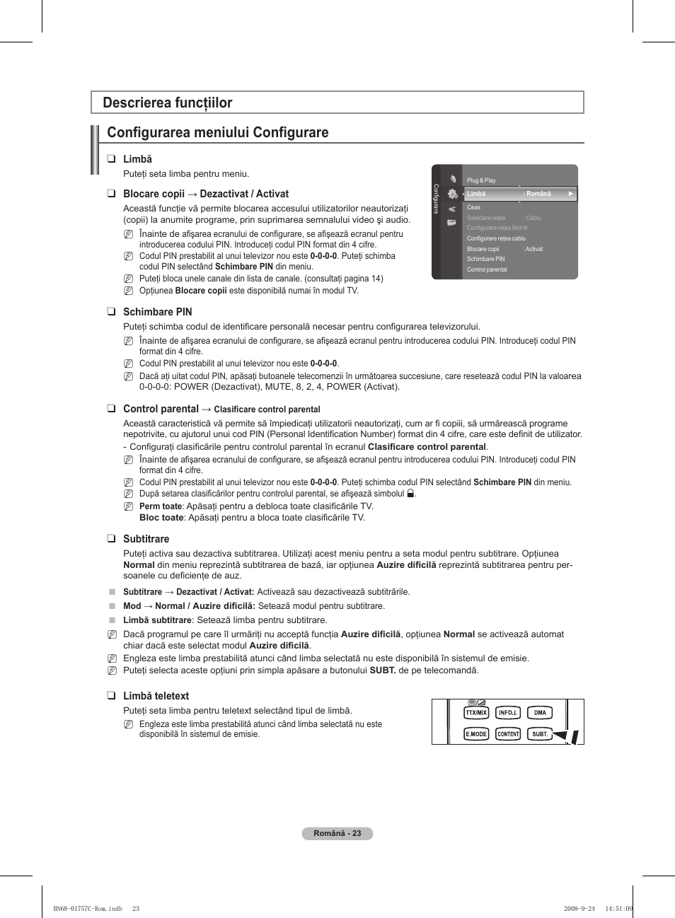 Configurarea meniului configurare, Descrierea funcţiilor | Samsung PS50A756T1M User Manual | Page 463 / 503