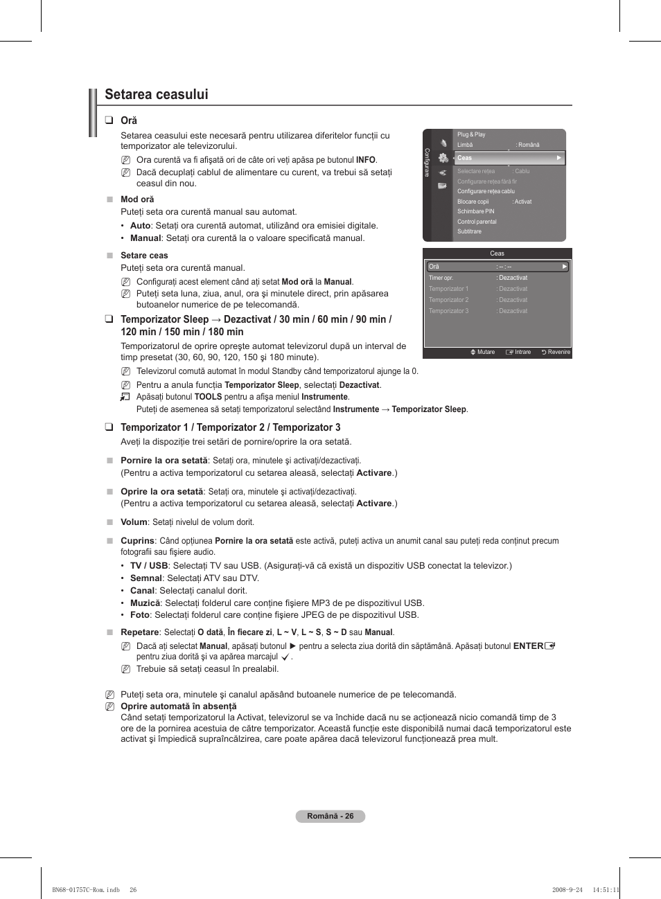 Setarea ceasului, Temporizator 1 / temporizator  / temporizator | Samsung PS50A756T1M User Manual | Page 466 / 503