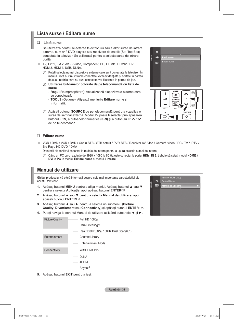 Listă surse / editare nume, Manual de utilizare | Samsung PS50A756T1M User Manual | Page 471 / 503
