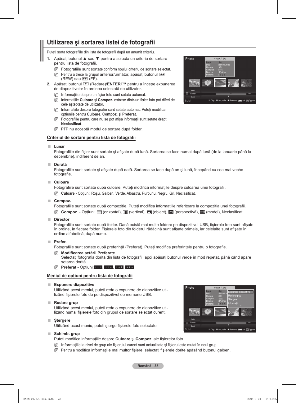 Utilizarea şi sortarea listei de fotografii, Criteriul de sortare pentru lista de fotografii, Meniul de opţiuni pentru lista de fotografii | Samsung PS50A756T1M User Manual | Page 475 / 503