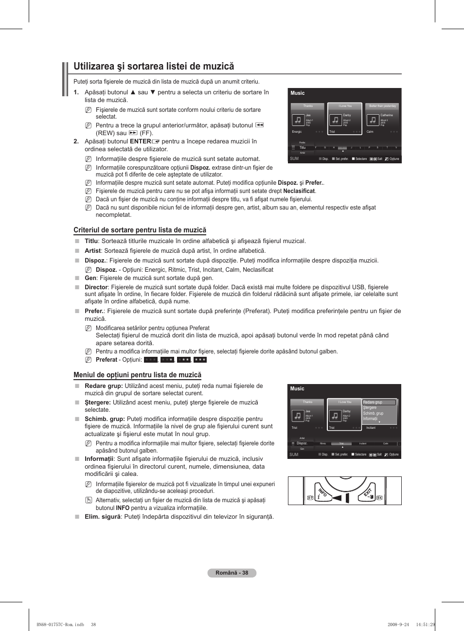Utilizarea şi sortarea listei de muzică, Criteriul de sortare pentru lista de muzică, Meniul de opţiuni pentru lista de muzică | Rew) sau, Ff). . apăsaţi butonul enter, Nn n | Samsung PS50A756T1M User Manual | Page 478 / 503