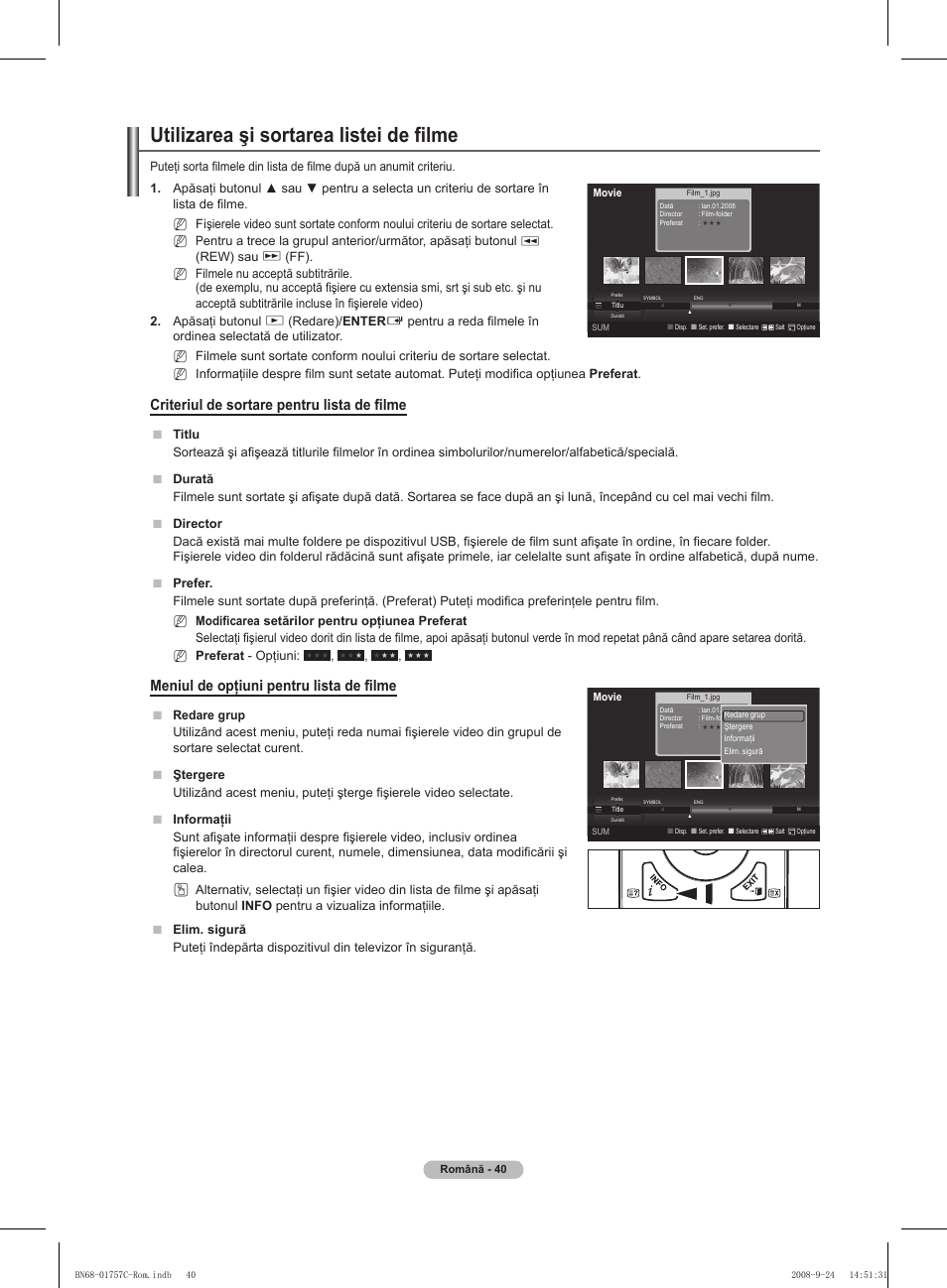 Utilizarea şi sortarea listei de filme, Criteriul de sortare pentru lista de filme, Meniul de opţiuni pentru lista de filme | Samsung PS50A756T1M User Manual | Page 480 / 503