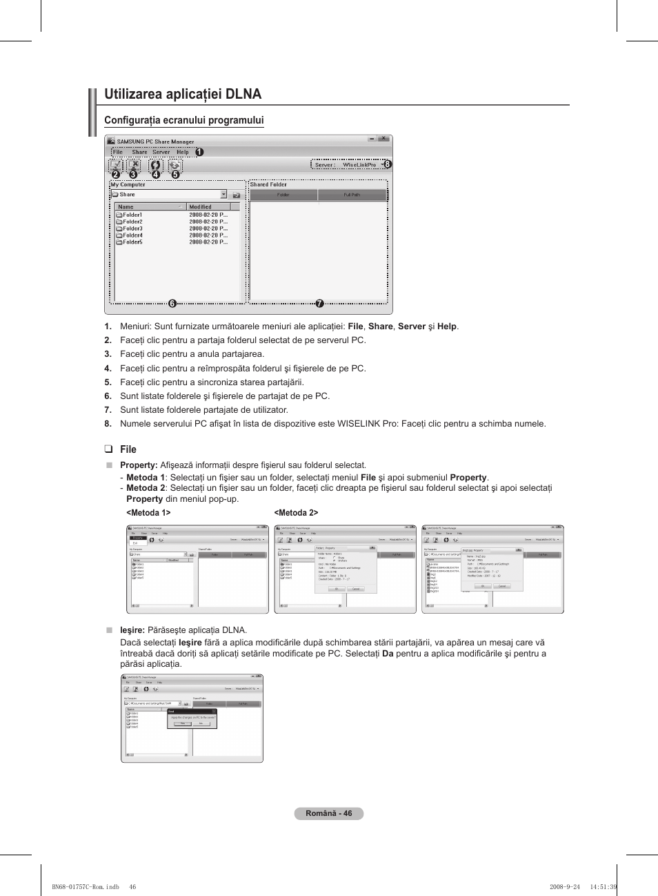 Utilizarea aplicaţiei dlna, Configuraţia ecranului programului, File | Samsung PS50A756T1M User Manual | Page 486 / 503