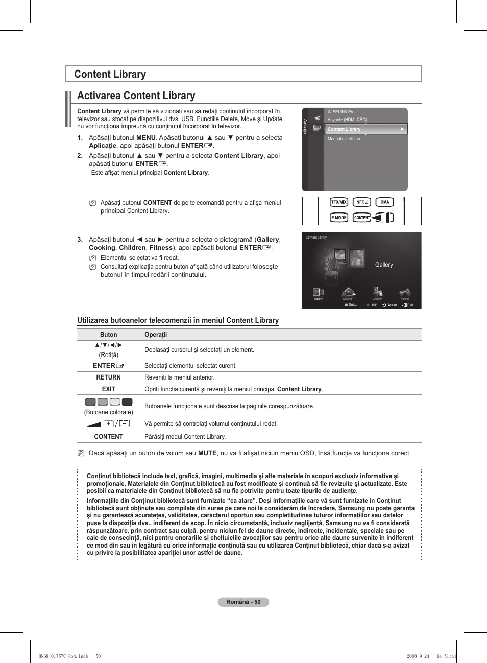 Activarea content library, Content library | Samsung PS50A756T1M User Manual | Page 490 / 503