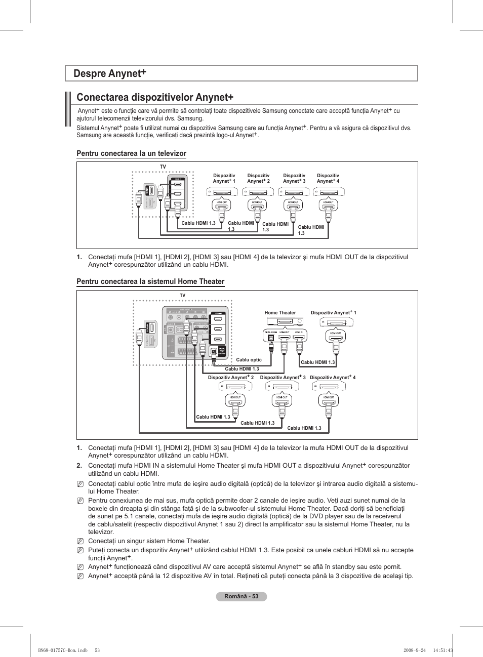 Conectarea dispozitivelor anynet, Despre anynet, Pentru conectarea la un televizor | Pentru conectarea la sistemul home theater | Samsung PS50A756T1M User Manual | Page 493 / 503