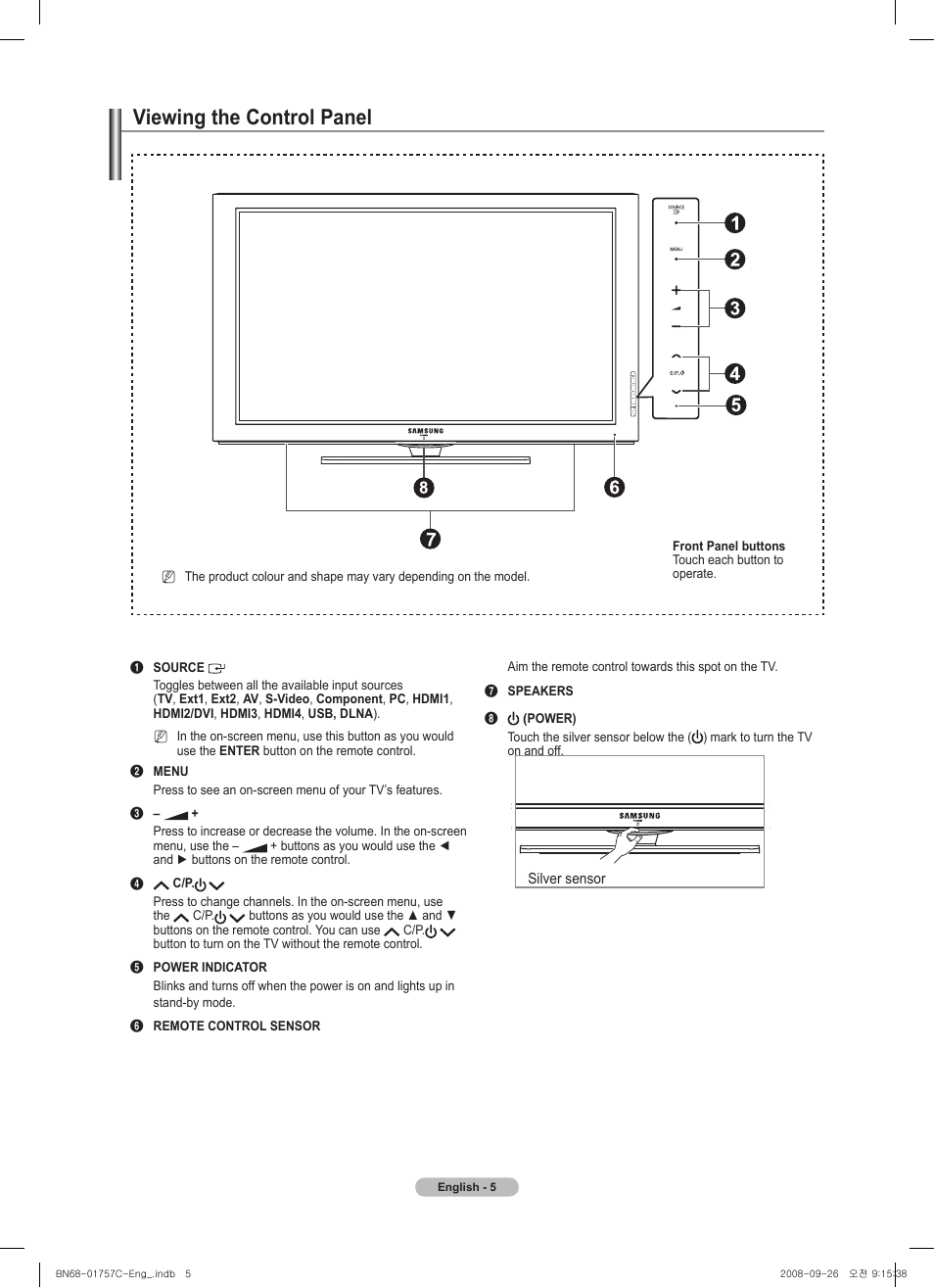 Viewing the control panel | Samsung PS50A756T1M User Manual | Page 5 / 503