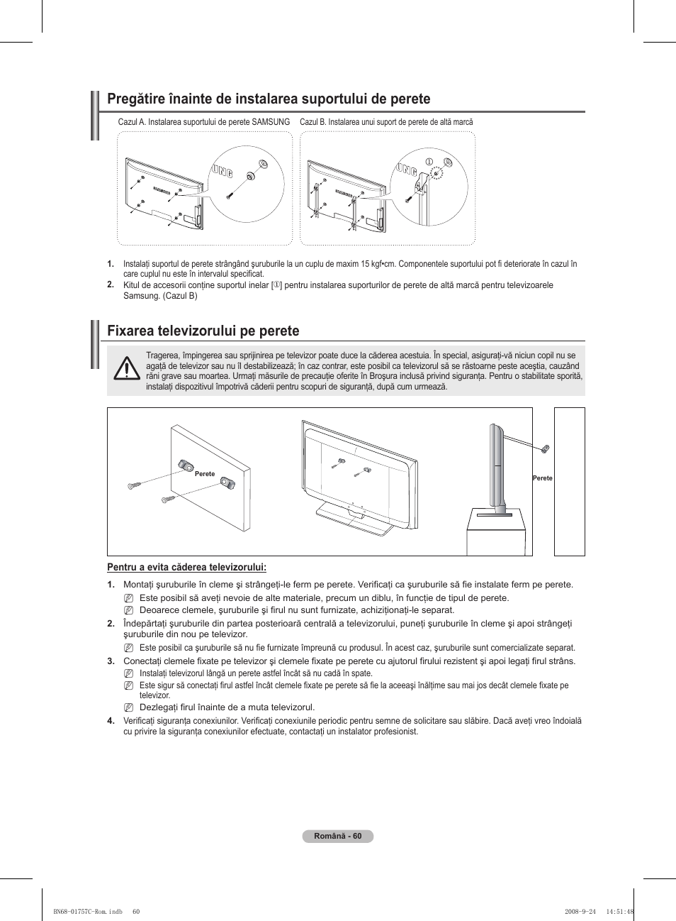 경고 주의 경고 주의, Fixarea televizorului pe perete | Samsung PS50A756T1M User Manual | Page 500 / 503