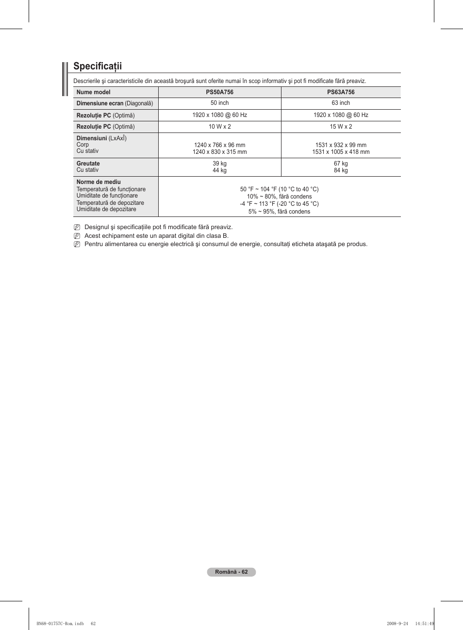Specificaţii | Samsung PS50A756T1M User Manual | Page 502 / 503