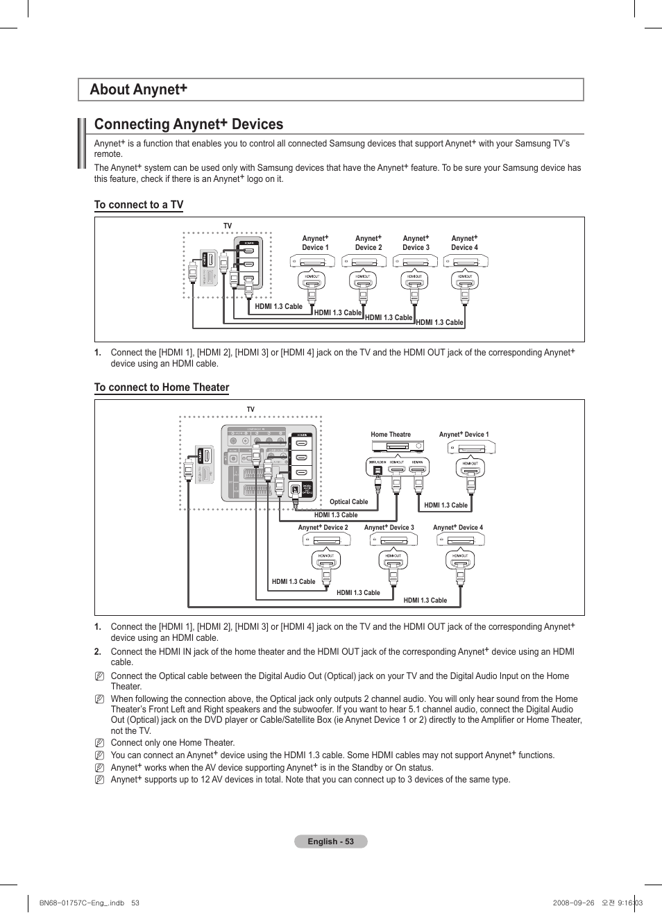 Connecting anynet+ devices, About anynet | Samsung PS50A756T1M User Manual | Page 53 / 503