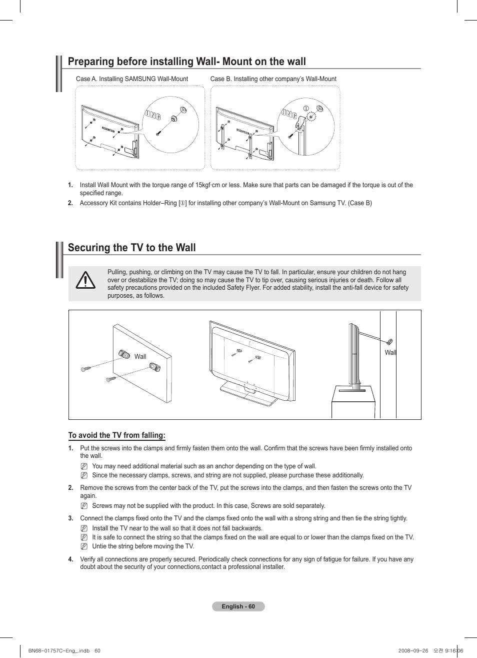 경고 주의 경고 주의, Securing the tv to the wall | Samsung PS50A756T1M User Manual | Page 60 / 503