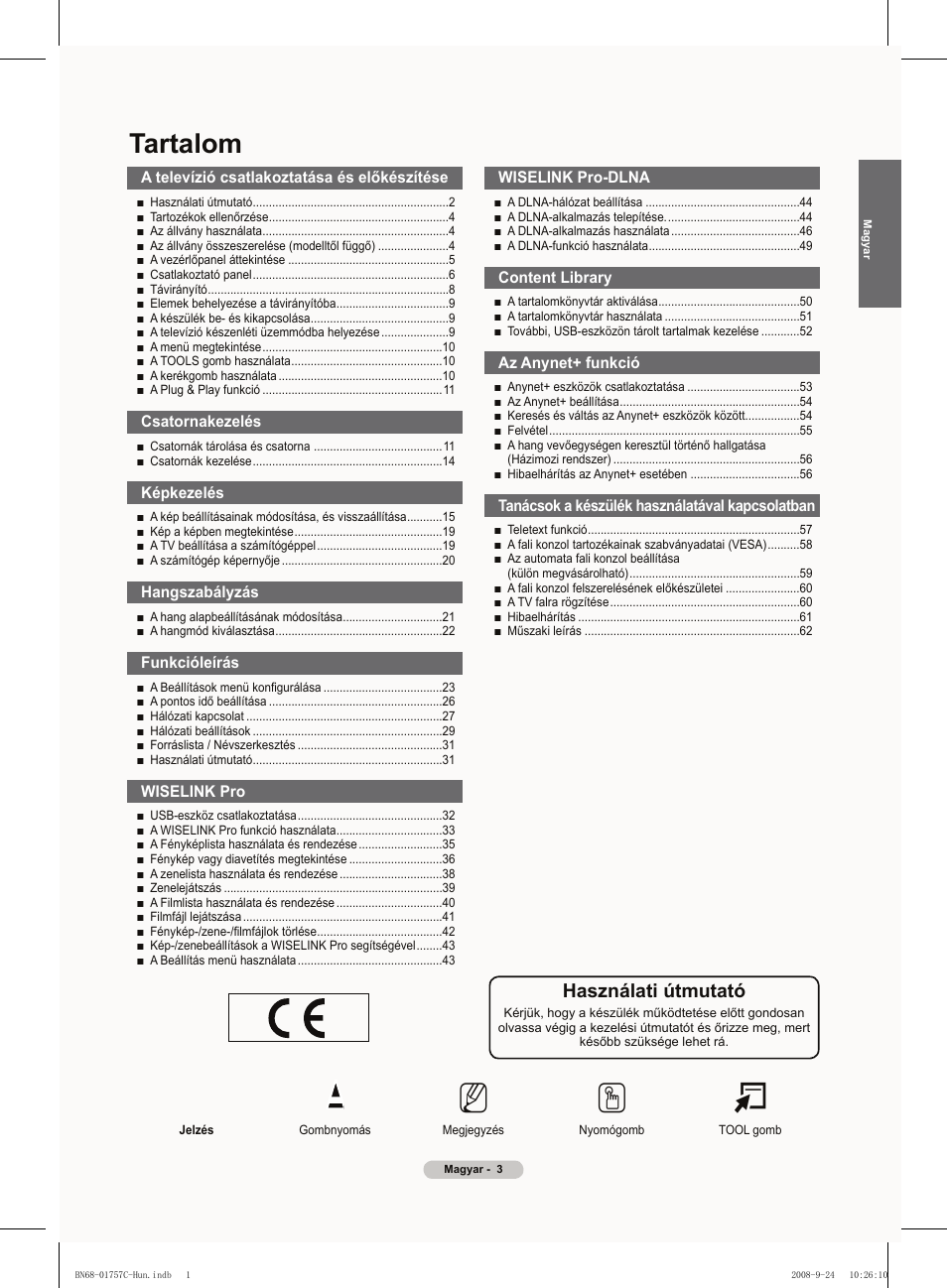 No t, Tartalom, Használati útmutató | Samsung PS50A756T1M User Manual | Page 66 / 503