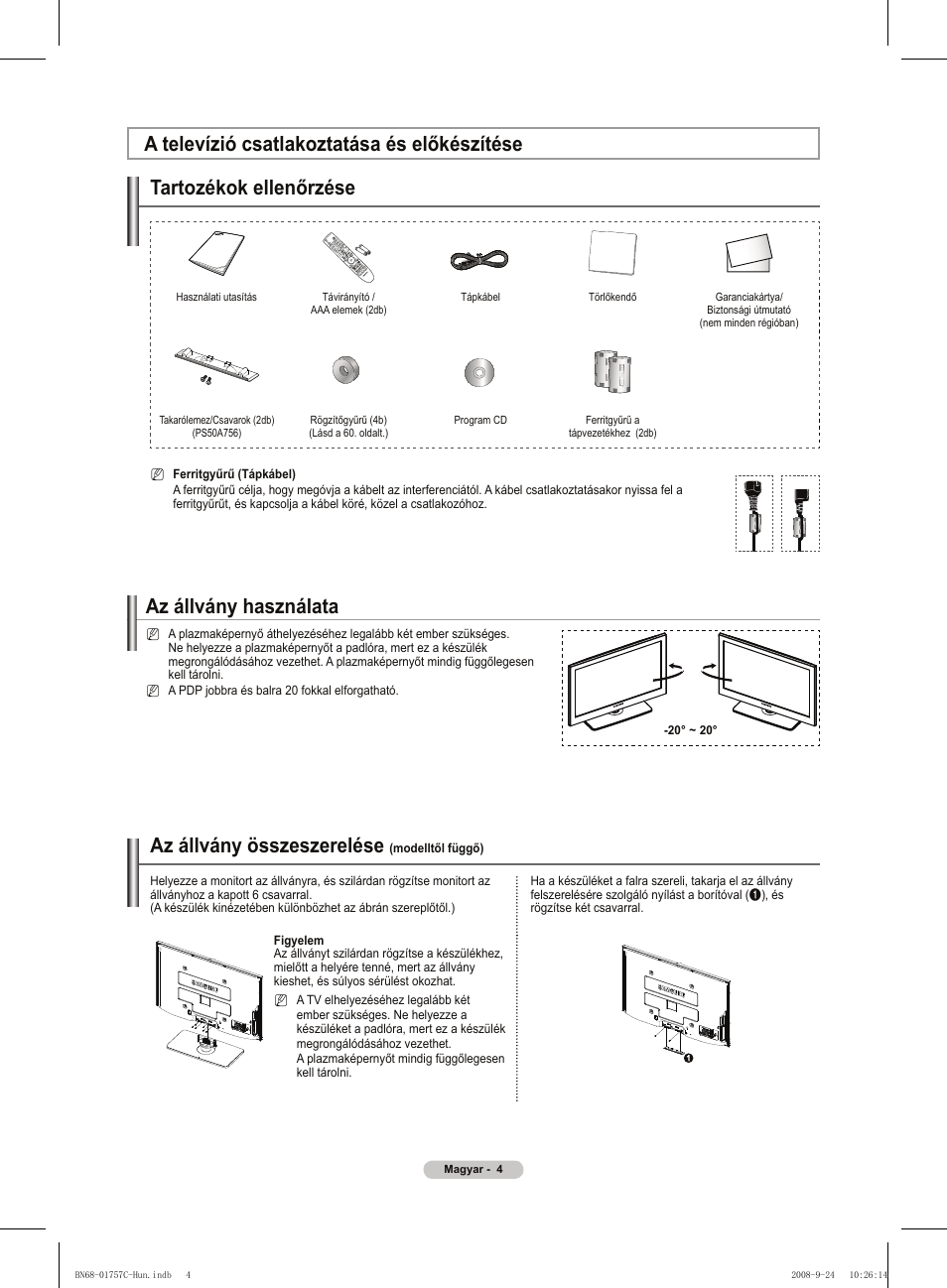 Az állvány használata, Az állvány összeszerelése | Samsung PS50A756T1M User Manual | Page 67 / 503