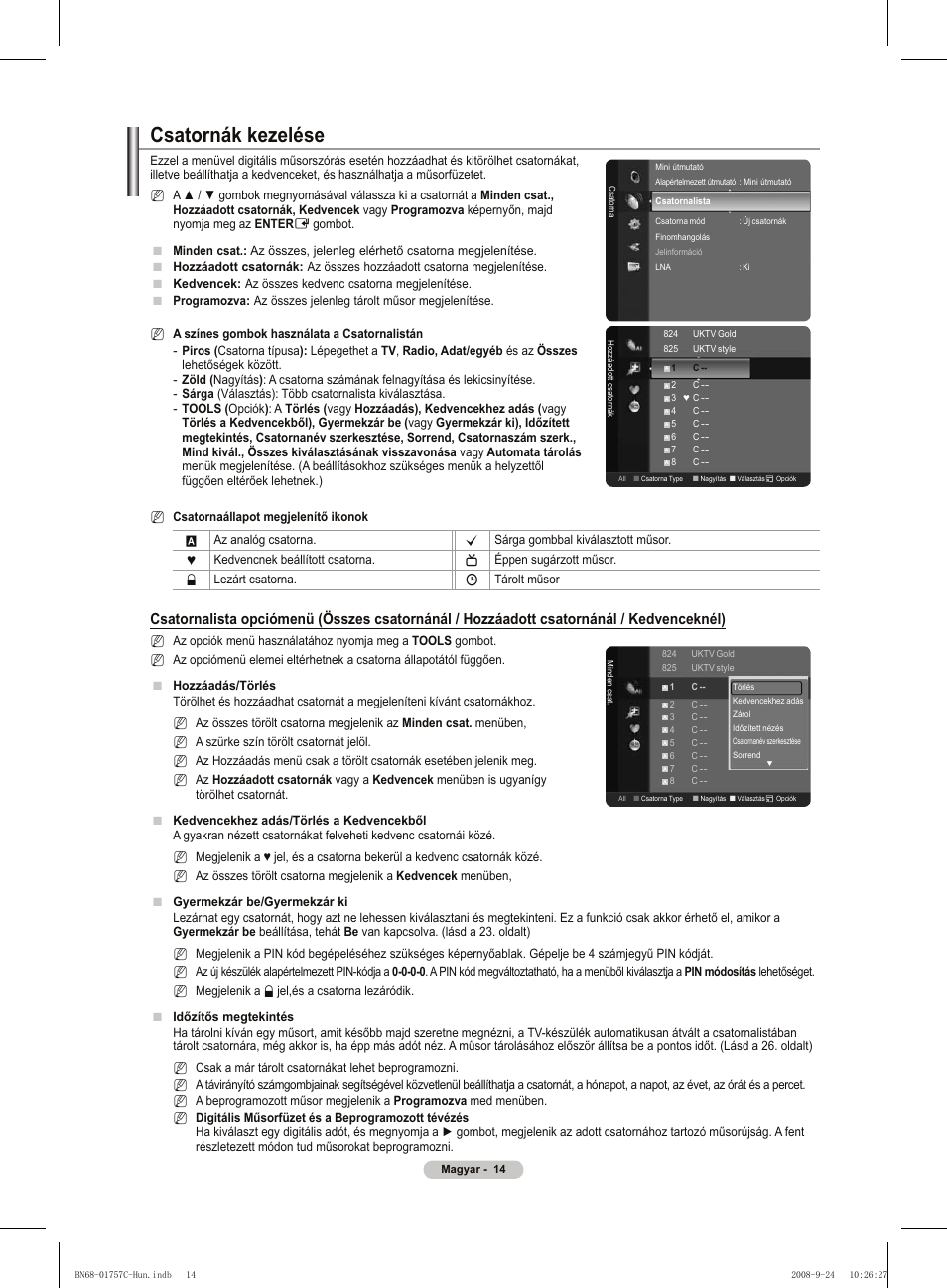 Csatornák kezelése | Samsung PS50A756T1M User Manual | Page 77 / 503