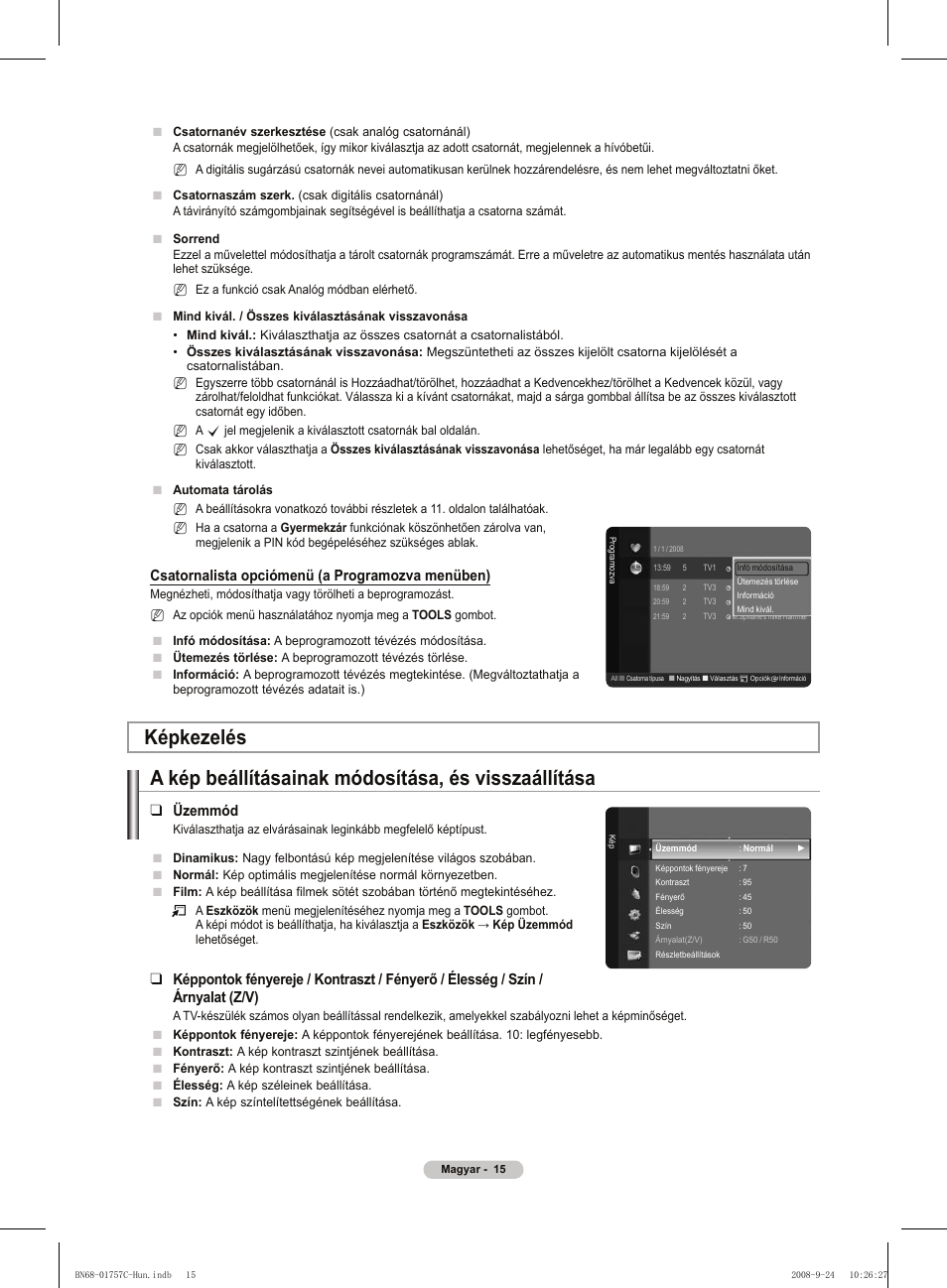 Csatornalista opciómenü (a programozva menüben), Üzemmód | Samsung PS50A756T1M User Manual | Page 78 / 503