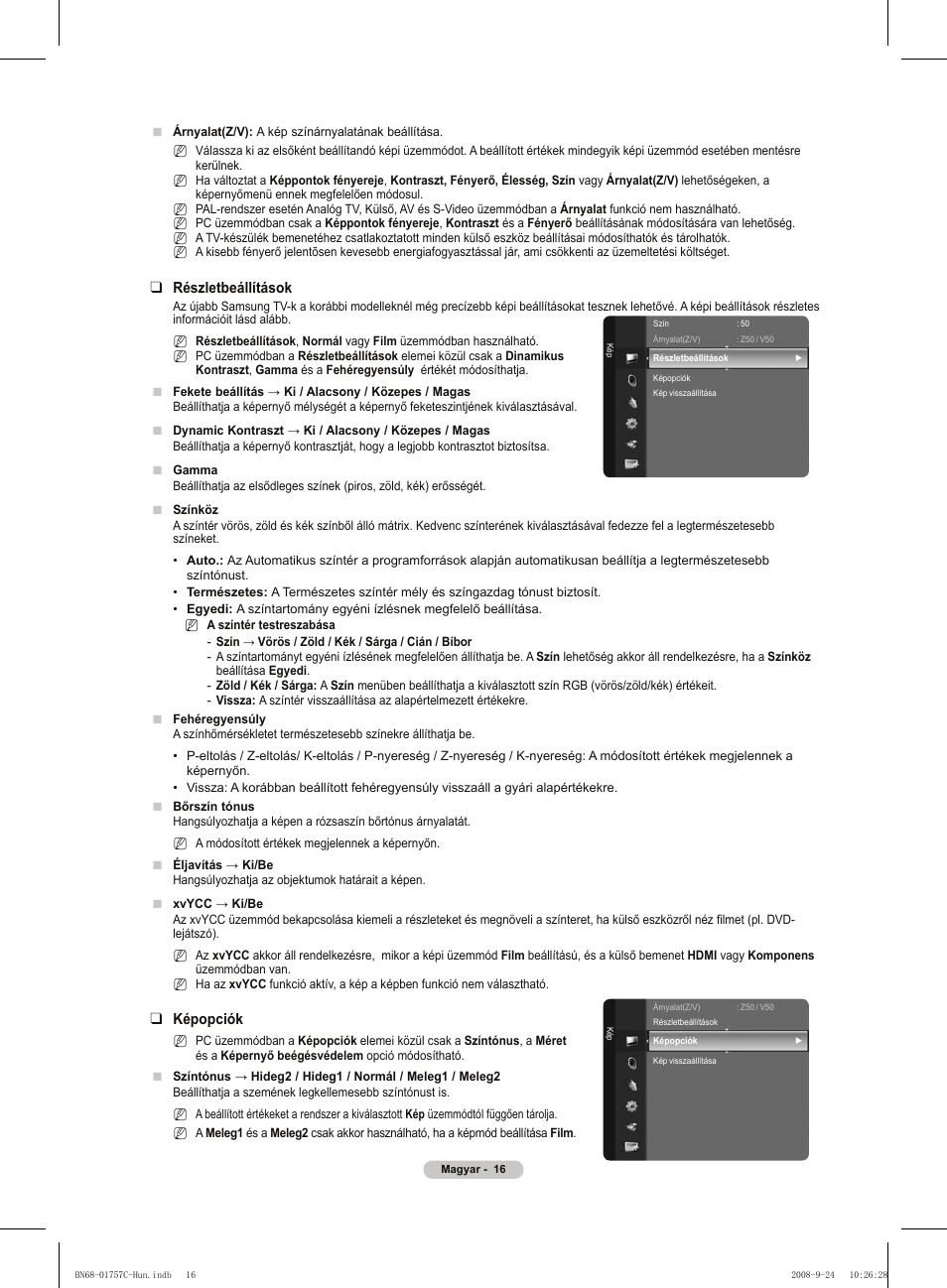 Részletbeállítások, Képopciók | Samsung PS50A756T1M User Manual | Page 79 / 503