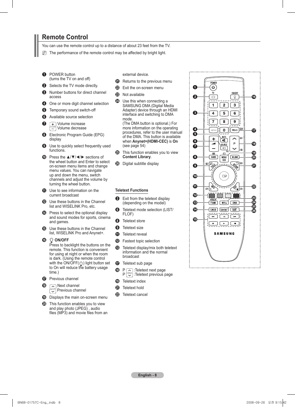 Remote control | Samsung PS50A756T1M User Manual | Page 8 / 503