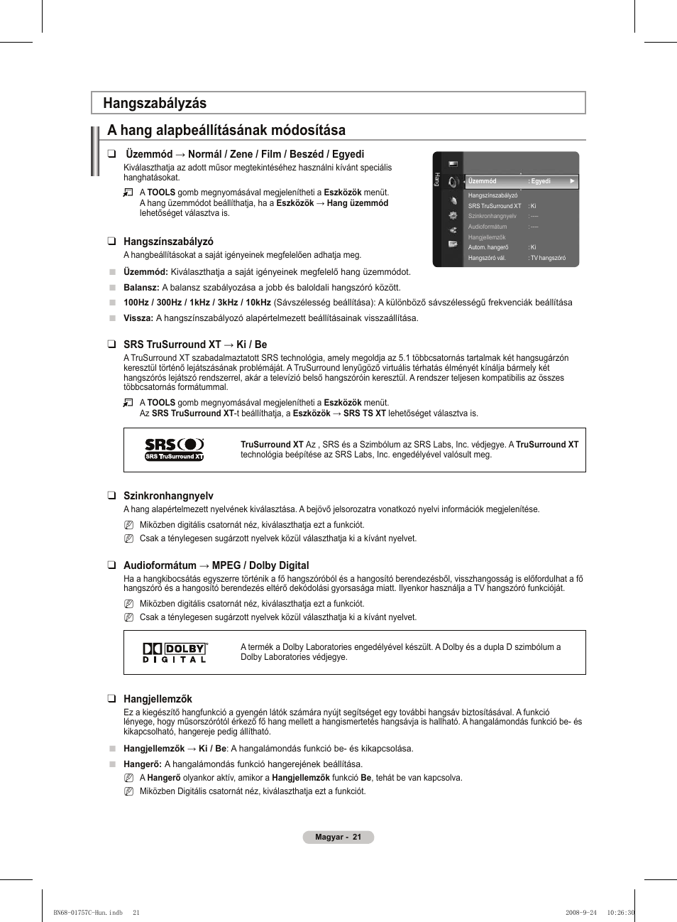 Hangszabályzás a hang alapbeállításának módosítása | Samsung PS50A756T1M User Manual | Page 84 / 503
