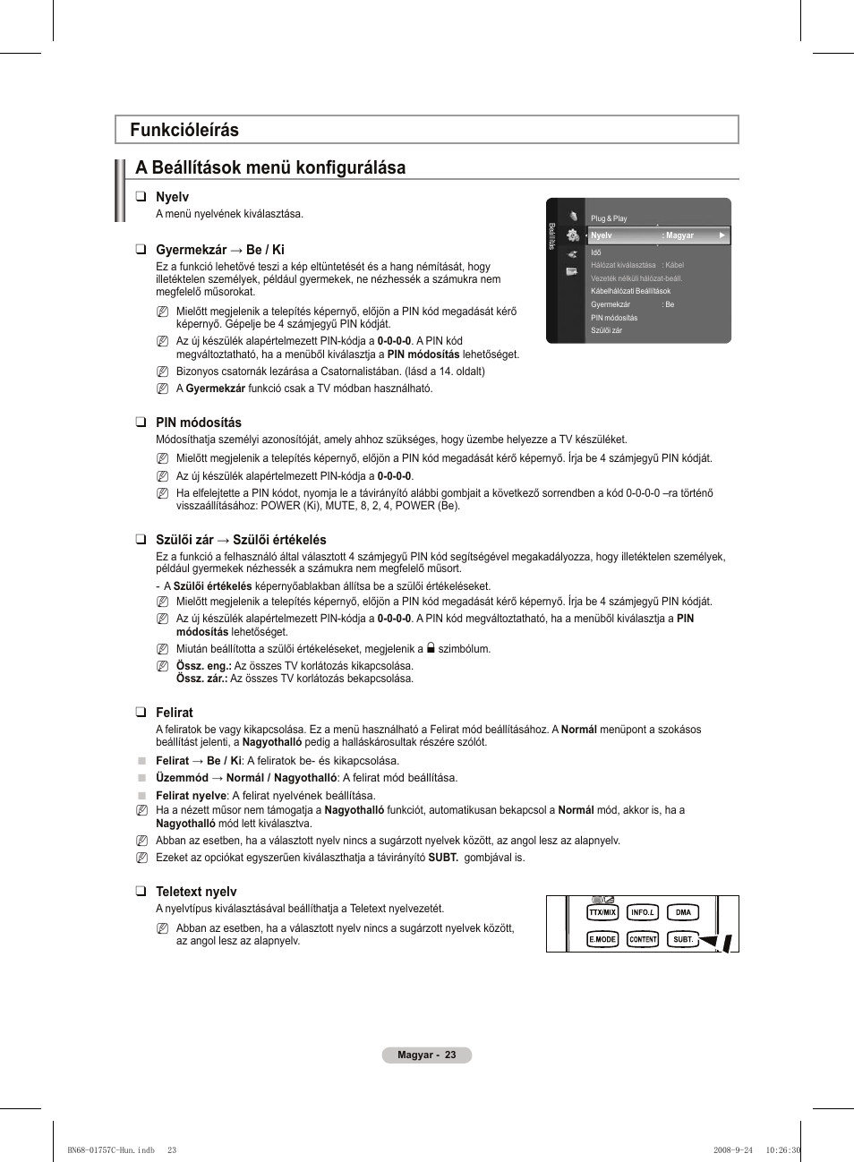 A beállítások menü konfigurálása, Funkcióleírás | Samsung PS50A756T1M User Manual | Page 86 / 503