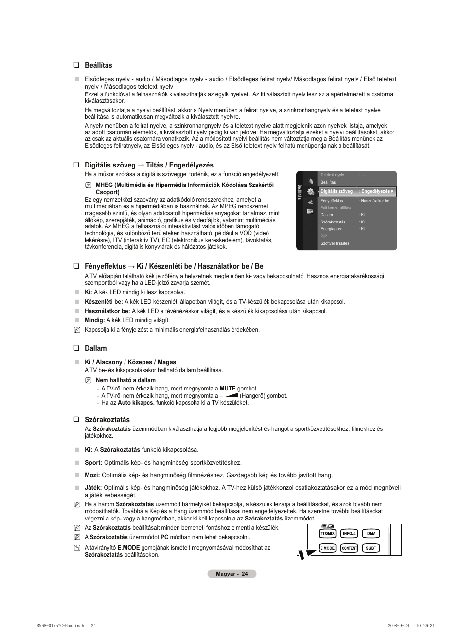 Beállítás, Digitális szöveg → tiltás / engedélyezés, Dallam | Szórakoztatás | Samsung PS50A756T1M User Manual | Page 87 / 503