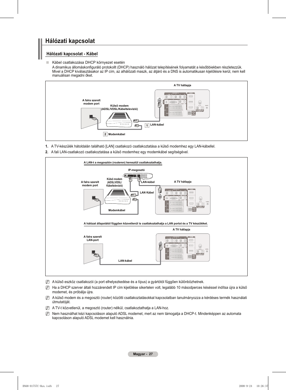 Hálózati kapcsolat, Hálózati kapcsolat - kábel | Samsung PS50A756T1M User Manual | Page 90 / 503