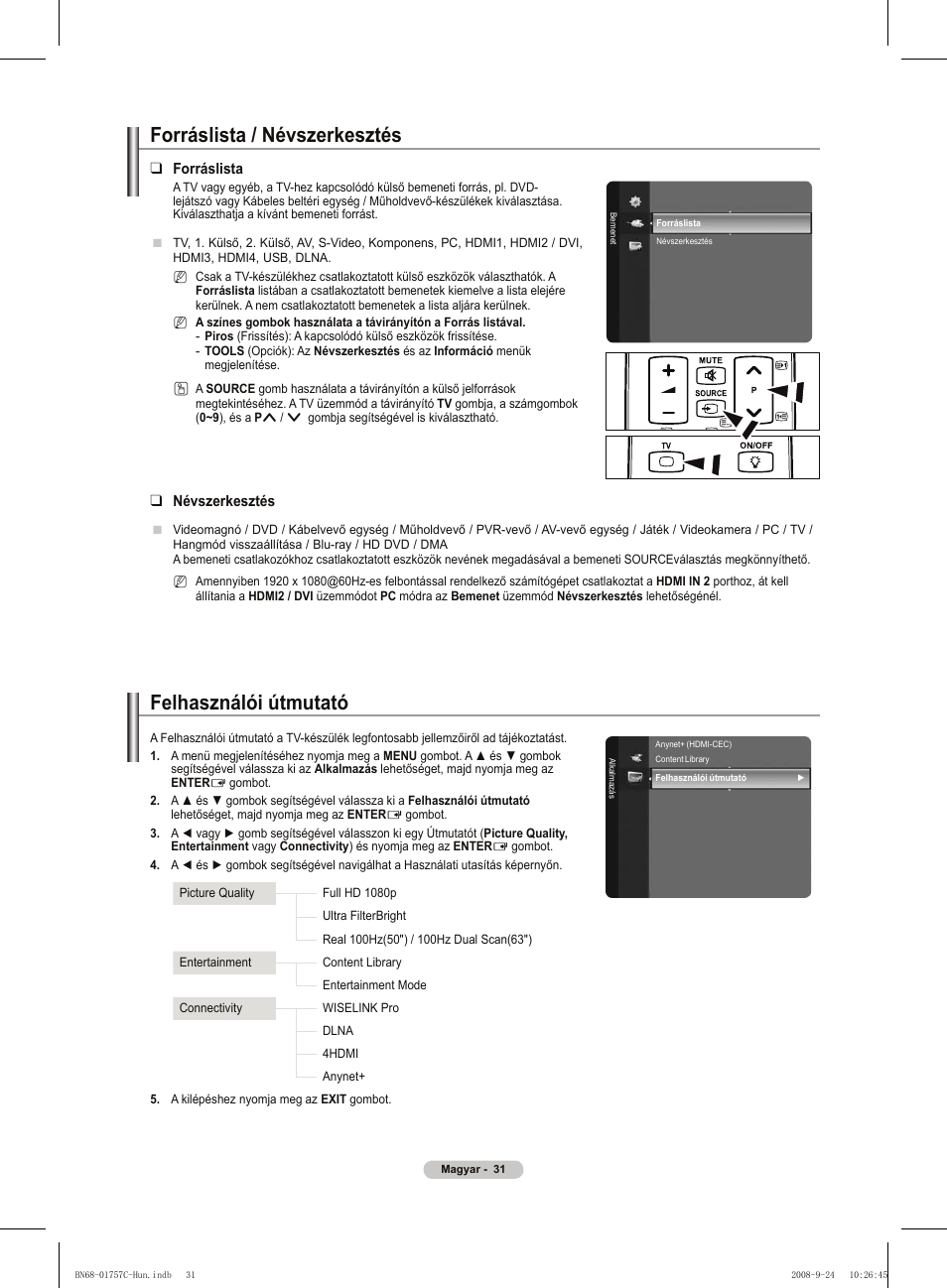 Felhasználói útmutató, Forráslista / névszerkesztés | Samsung PS50A756T1M User Manual | Page 94 / 503