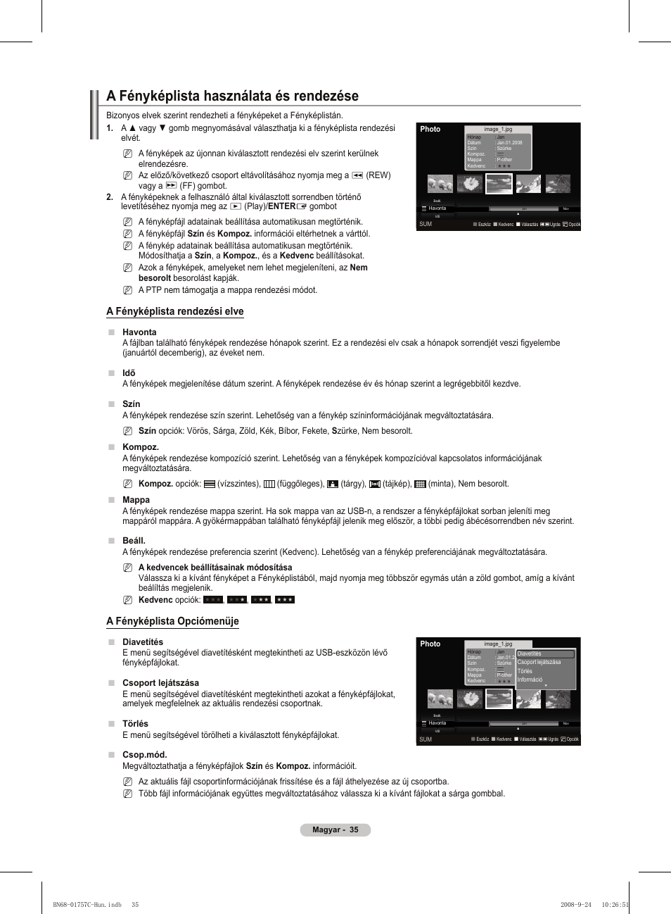 A fényképlista használata és rendezése, A fényképlista rendezési elve, A fényképlista opciómenüje | Samsung PS50A756T1M User Manual | Page 98 / 503