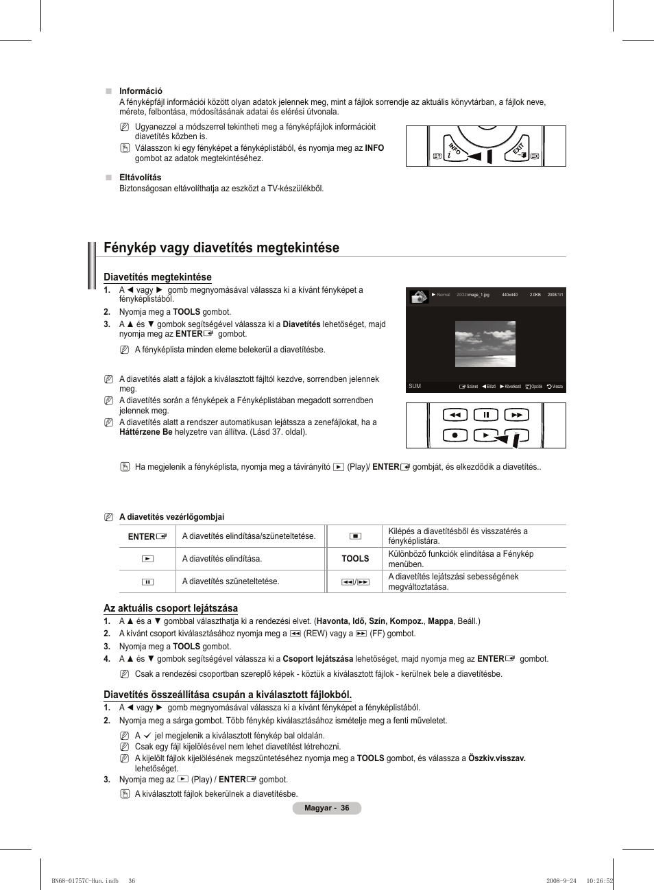 Fénykép vagy diavetítés megtekintése, Diavetítés megtekintése, Az aktuális csoport lejátszása | Samsung PS50A756T1M User Manual | Page 99 / 503