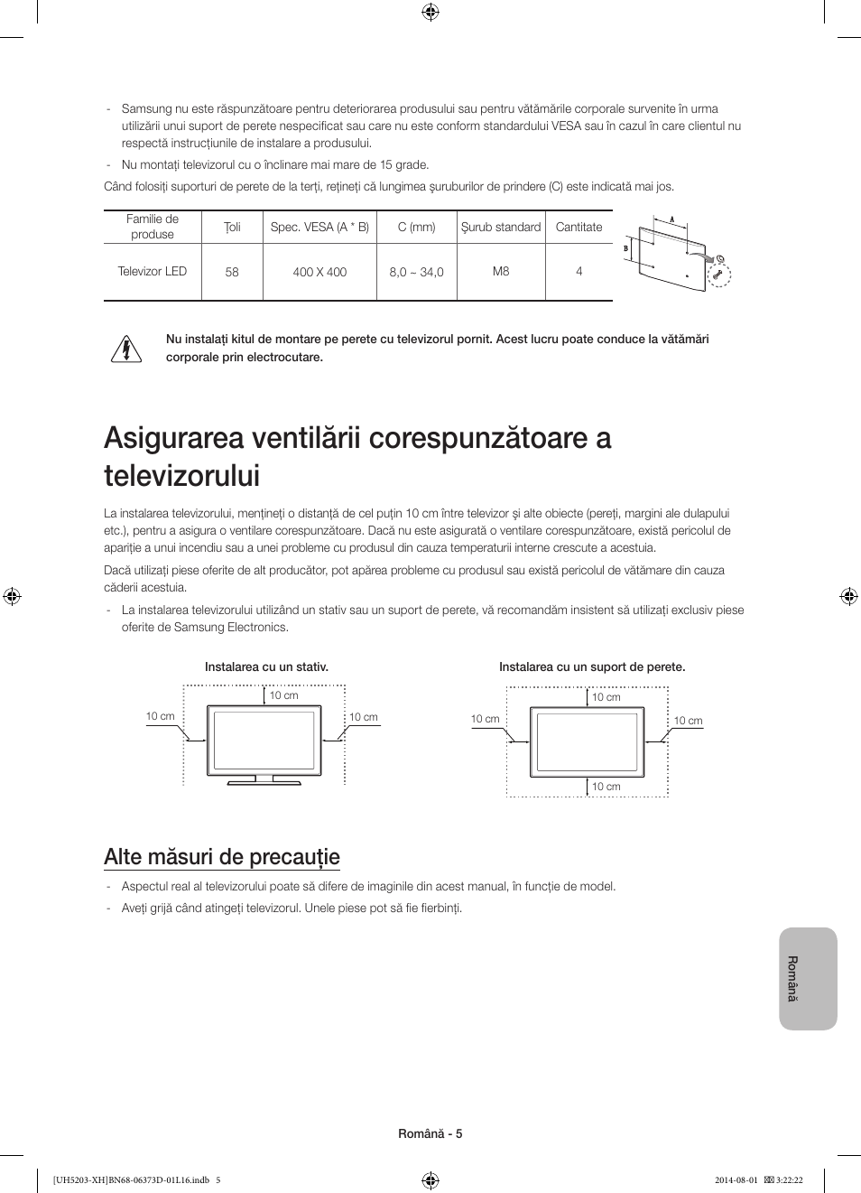 Alte măsuri de precauţie | Samsung UE58H5203AW User Manual | Page 165 / 321