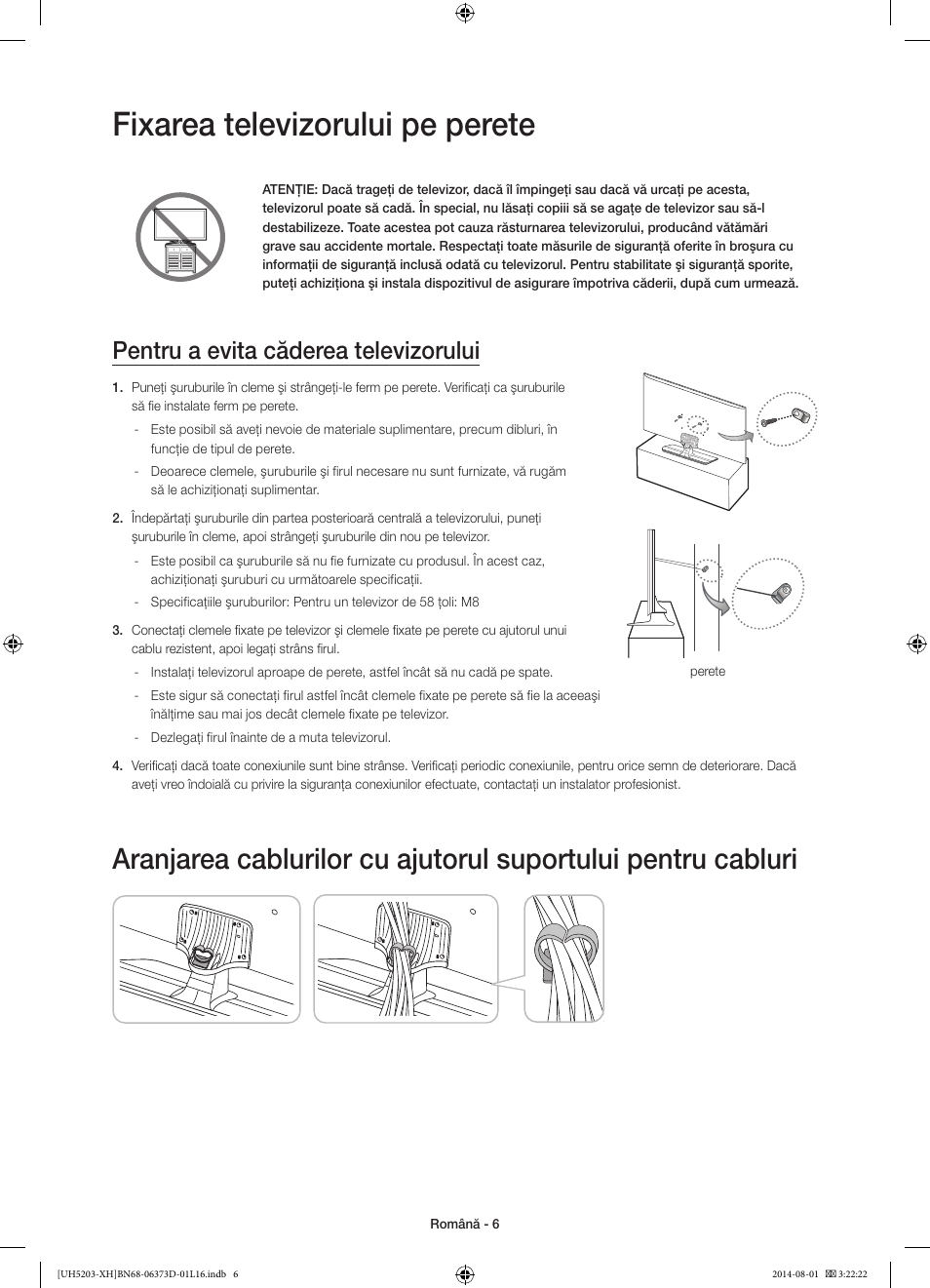Fixarea televizorului pe perete, Pentru a evita căderea televizorului | Samsung UE58H5203AW User Manual | Page 166 / 321