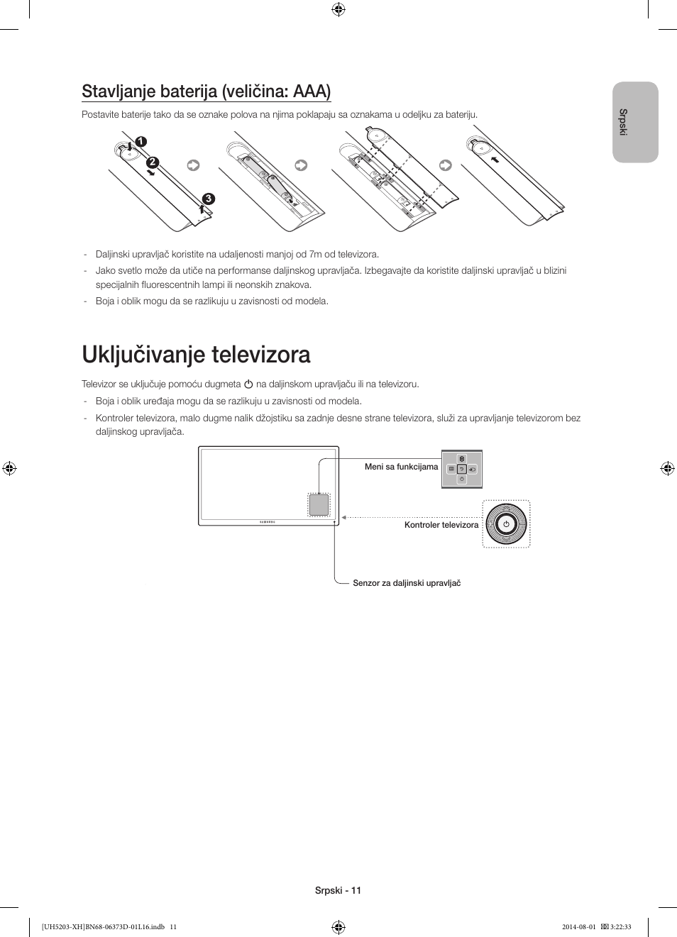 Uključivanje televizora, Stavljanje baterija (veličina: aaa) | Samsung UE58H5203AW User Manual | Page 191 / 321