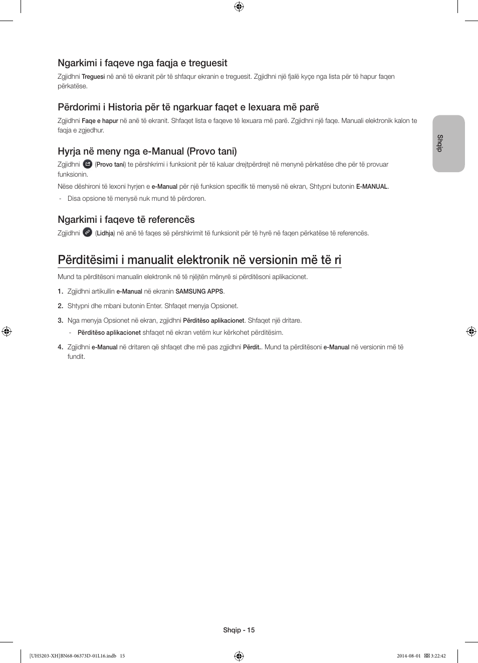Ngarkimi i faqeve nga faqja e treguesit, Hyrja në meny nga e-manual (provo tani), Ngarkimi i faqeve të referencës | Samsung UE58H5203AW User Manual | Page 215 / 321