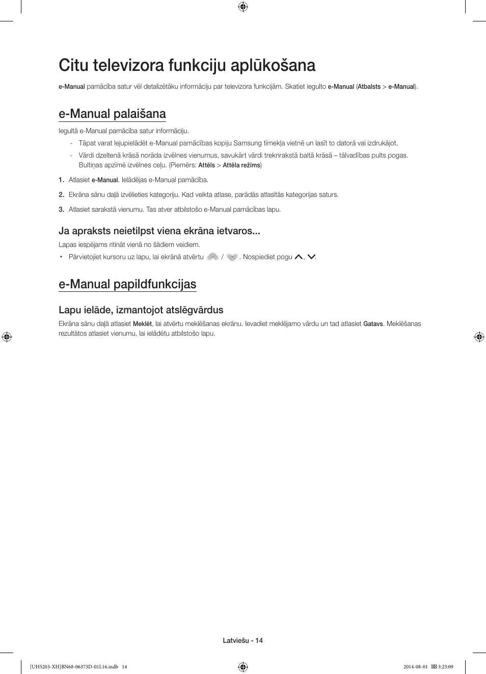 Citu televizora funkciju aplūkošana, E-manual palaišana, E-manual papildfunkcijas | Ja apraksts neietilpst viena ekrāna ietvaros, Lapu ielāde, izmantojot atslēgvārdus | Samsung UE58H5203AW User Manual | Page 274 / 321