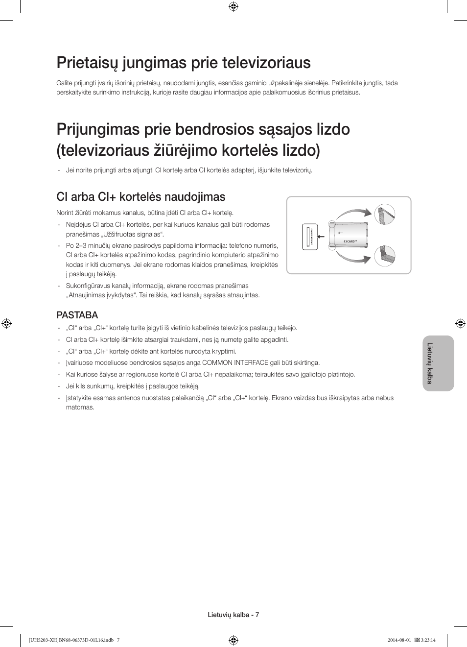 Prietaisų jungimas prie televizoriaus, Ci arba ci+ kortelės naudojimas, Pastaba | Samsung UE58H5203AW User Manual | Page 287 / 321