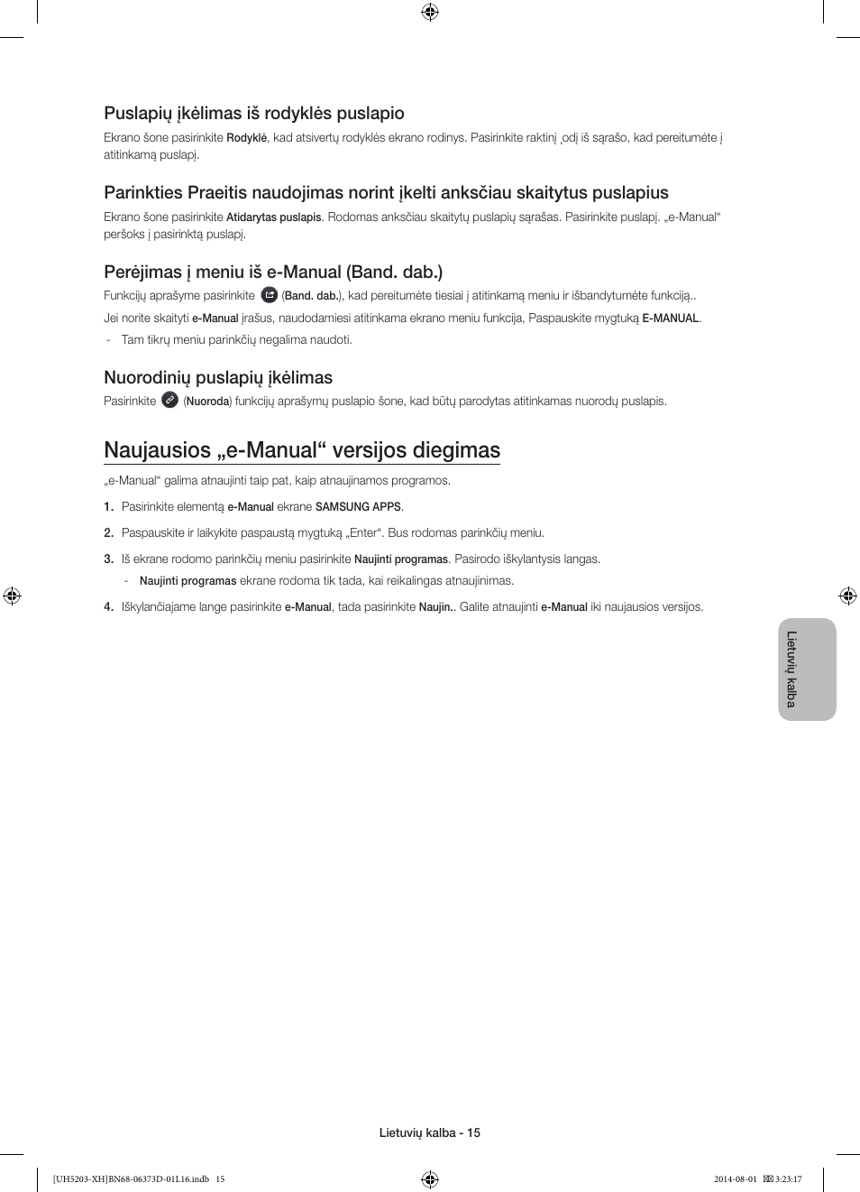 Naujausios „e-manual“ versijos diegimas, Puslapių įkėlimas iš rodyklės puslapio, Perėjimas į meniu iš e-manual (band. dab.) | Nuorodinių puslapių įkėlimas | Samsung UE58H5203AW User Manual | Page 295 / 321