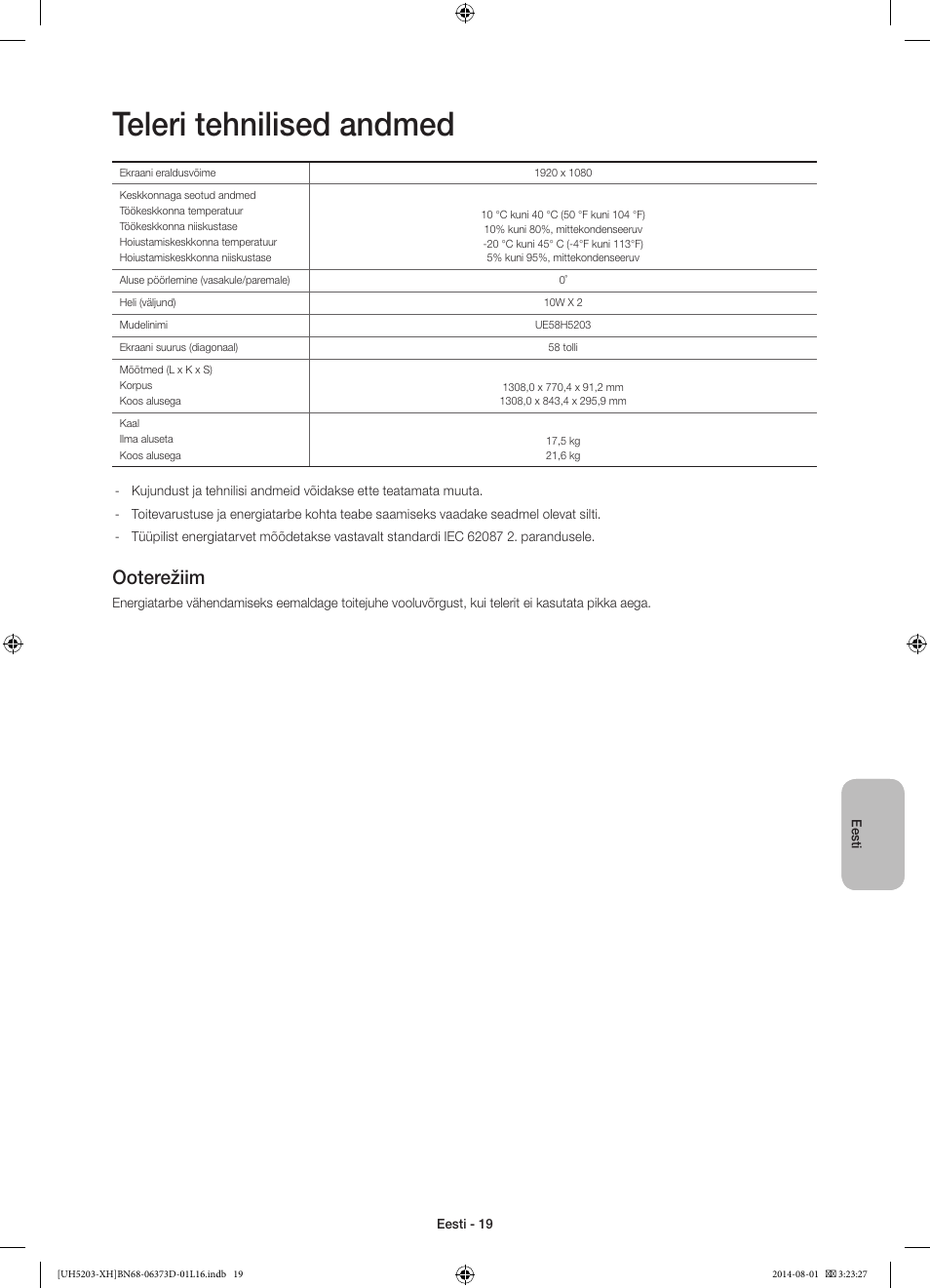 Teleri tehnilised andmed, Ooterežiim | Samsung UE58H5203AW User Manual | Page 319 / 321
