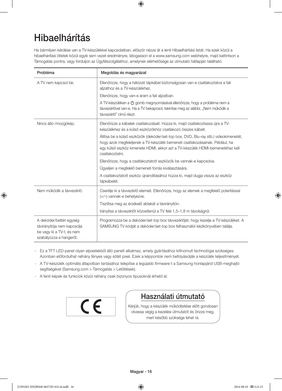 Hibaelhárítás, Használati útmutató | Samsung UE58H5203AW User Manual | Page 36 / 321
