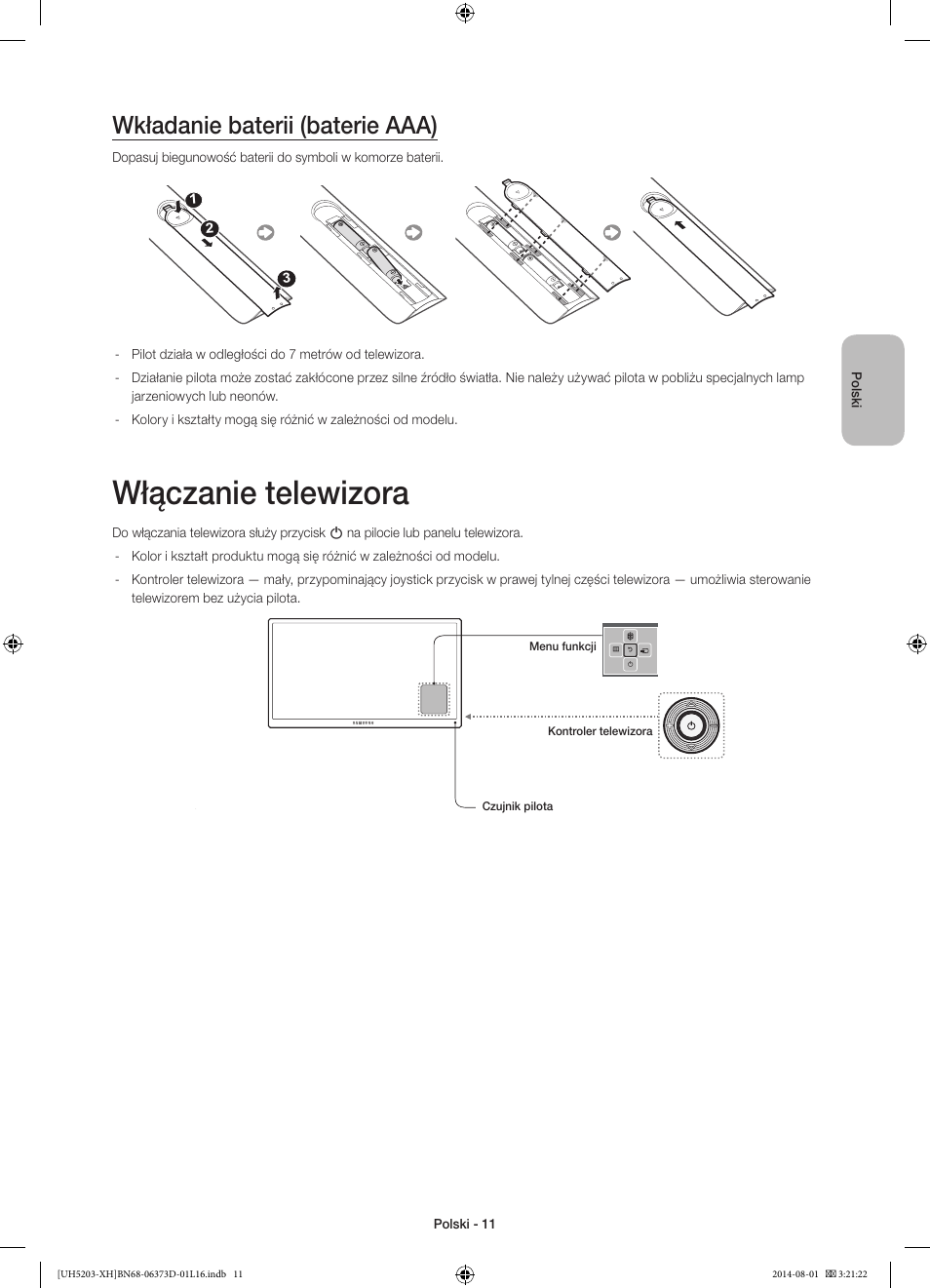 Włączanie telewizora, Wkładanie baterii (baterie aaa) | Samsung UE58H5203AW User Manual | Page 51 / 321