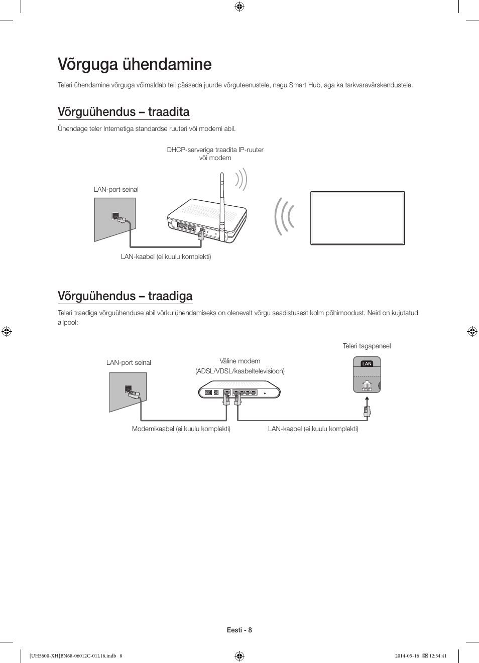 Võrguga ühendamine, Võrguühendus – traadita, Võrguühendus – traadiga | Samsung UE22H5610AW User Manual | Page 308 / 321