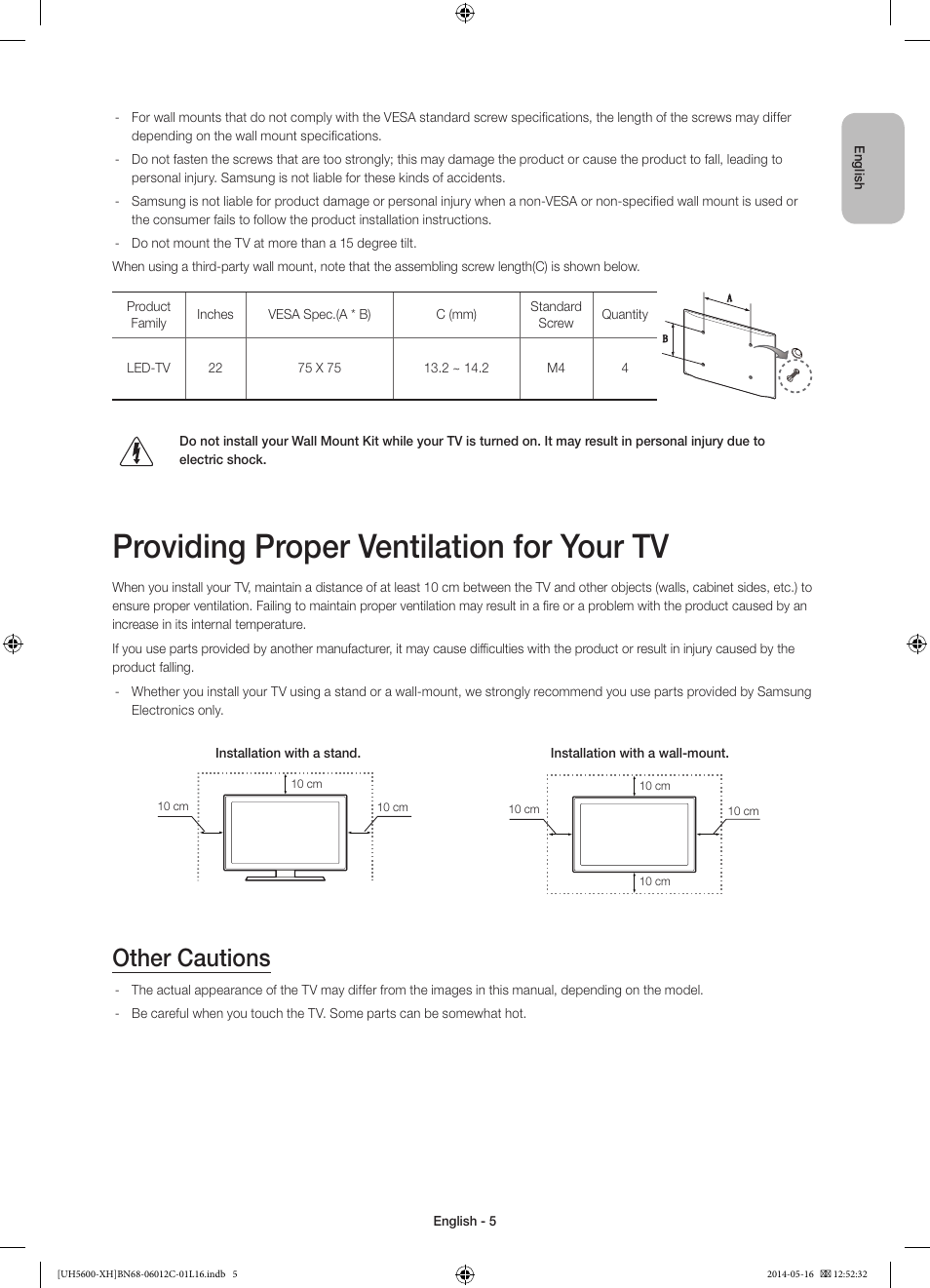 Providing proper ventilation for your tv, Other cautions | Samsung UE22H5610AW User Manual | Page 5 / 321