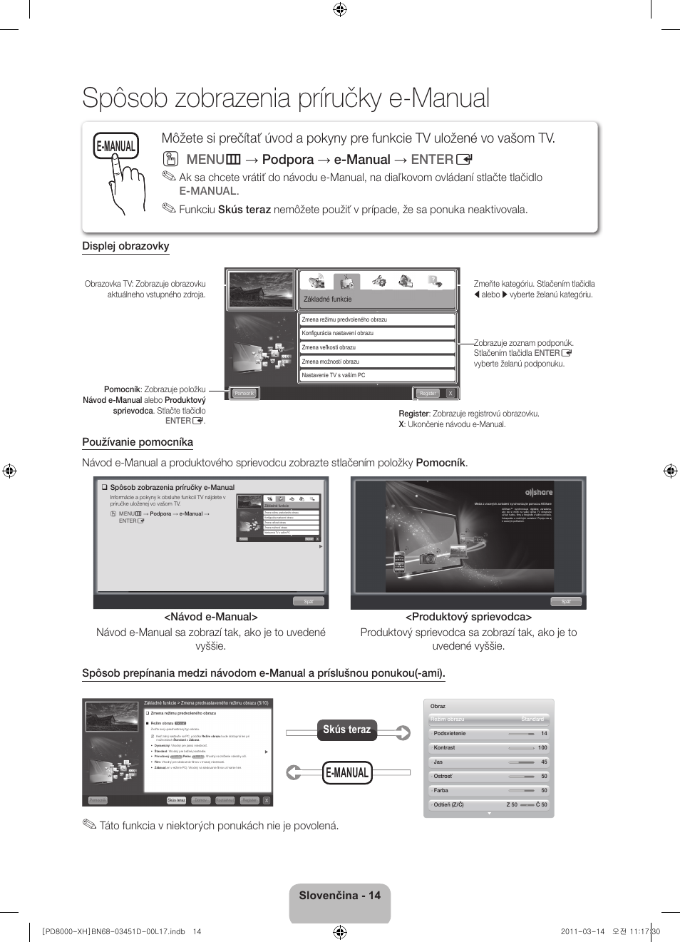 Spôsob zobrazenia príručky e-manual, Menu m → podpora → e-manual → enter e, E-manual | Slovenčina - 14, Táto funkcia v niektorých ponukách nie je povolená, Skús teraz | Samsung PS51D8000FS User Manual | Page 142 / 310
