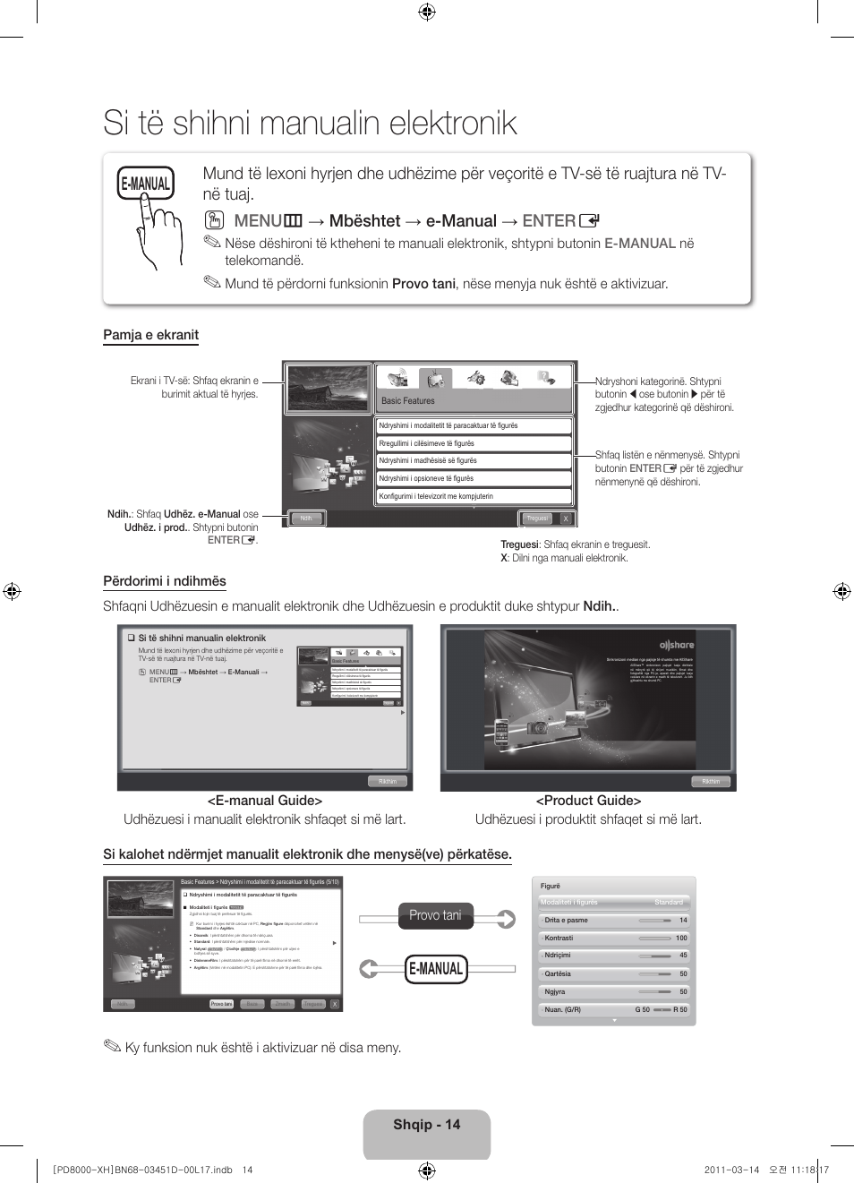 Si të shihni manualin elektronik, Menu m → mbështet → e-manual → enter e, E-manual | Shqip - 14, Ky funksion nuk është i aktivizuar në disa meny, Provo tani | Samsung PS51D8000FS User Manual | Page 196 / 310