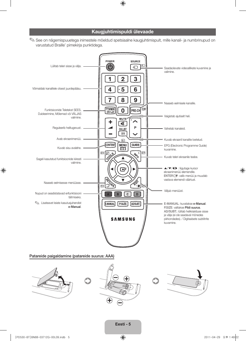 Kaugjuhtimispuldi ülevaade | Samsung PS59D530A5W User Manual | Page 101 / 146