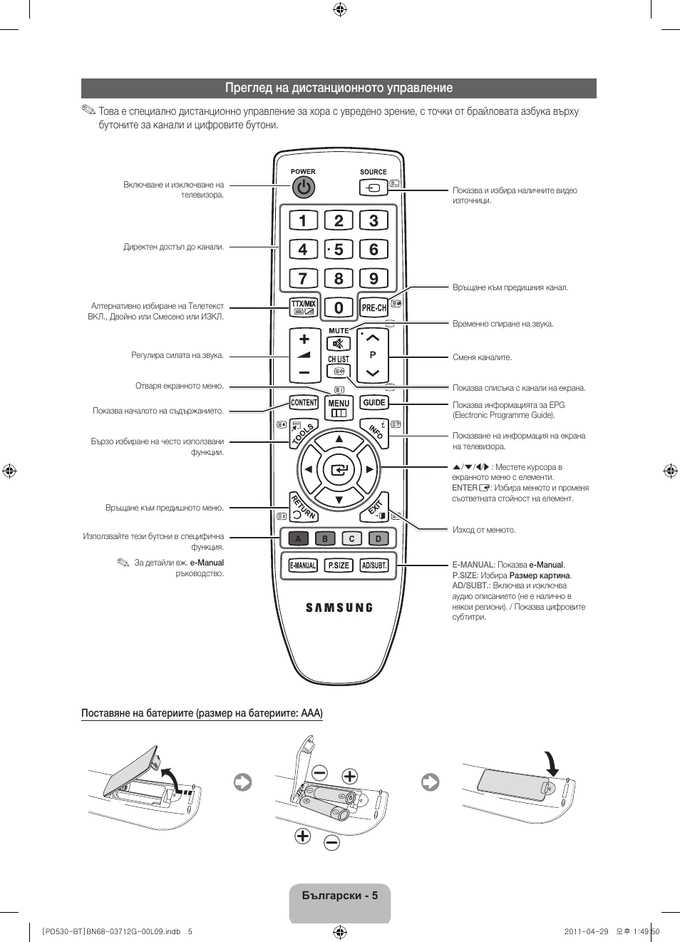 Преглед на дистанционното управление | Samsung PS59D530A5W User Manual | Page 133 / 146