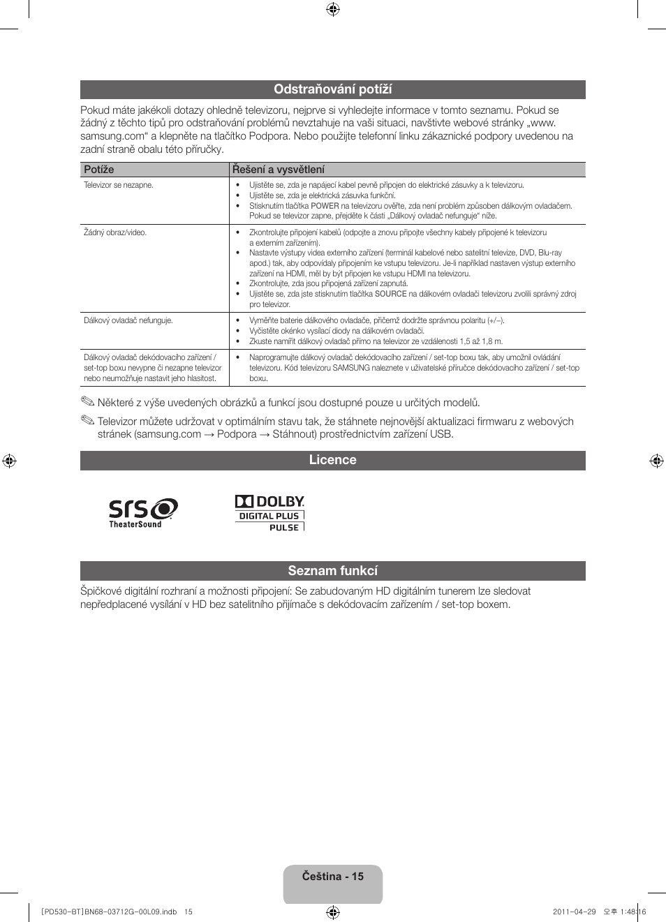 Odstraňování potíží, Licence seznam funkcí | Samsung PS59D530A5W User Manual | Page 31 / 146