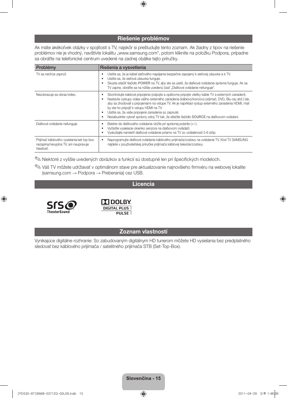 Riešenie problémov, Licencia zoznam vlastností | Samsung PS59D530A5W User Manual | Page 47 / 146